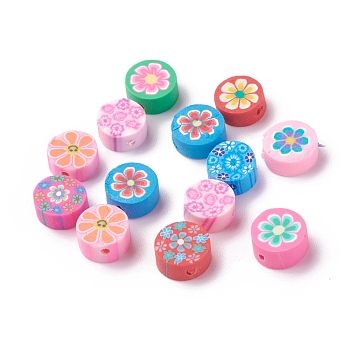 Handmade Polymer Clay Beads, Flat Round with Flower, Mixed Color, 9.5~10x4.5~5mm, Hole: 1.6mm