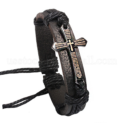 Adjustable Cross with Word Iron Braided Leather Cord Bracelets US-BJEW-P0001-02B-1