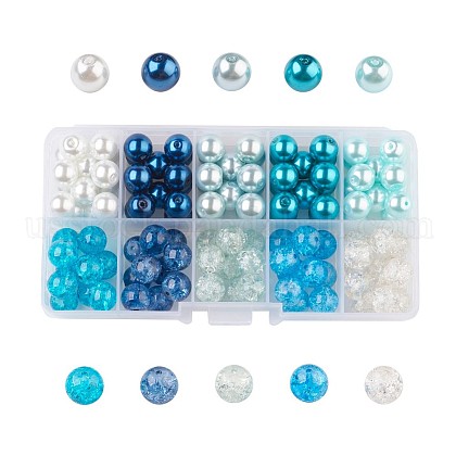 Carribean Blue Mix Baking Painted Crackle Glass & Glass Pearl Bead Sets US-HY-X0009-10mm-03-1