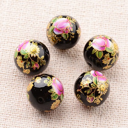 Flower Picture Printed Glass Round Beads US-GLAA-J087-12mm-A09-1