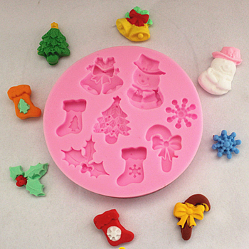 Food Grade Silicone Molds, Fondant Molds, For DIY Cake Decoration, Chocolate, Candy, UV Resin & Epoxy Resin Jewelry Making, Christmas Theme, Mixed Shapes, Pink, 67x10mm