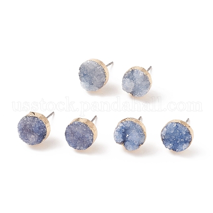 Dyed Flat Round Natural Druzy Agate Stud Earrings US-EJEW-I175-8mm-1