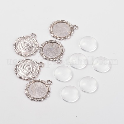 Flower Alloy Pendant Cabochon Settings and Half Round/Dome Clear Glass Cabochons US-DIY-X0221-AS-FF-1