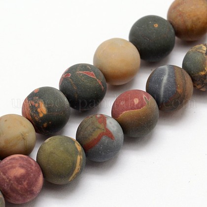 Natural Polychrome Jasper/Picasso Stone/Picasso Jasper Frosted Bead Strands US-G-O155-03A-8mm-1