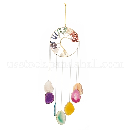 Chakra Flat Round with Tree of Life Wire Wrapped Wind Chimes US-HJEW-H054-01-1