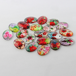 Multi-Color Flower Theme Ornaments Glass Oval Flatback Cabochons US-GGLA-A003-18x25-NN