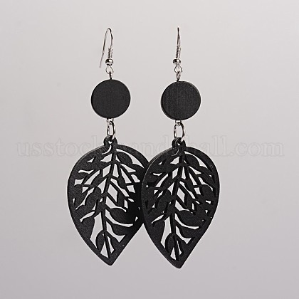 Trendy Leaf Wood Dangle Earrings US-EJEW-F0090-09F-1