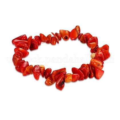 Red Coral Chips Stretch Bracelets US-BJEW-BB16534-E-1