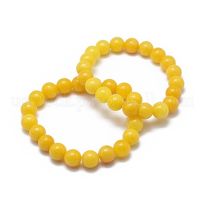 Natural Yellow Jade Bead Stretch Bracelets US-BJEW-K212-A-038-1