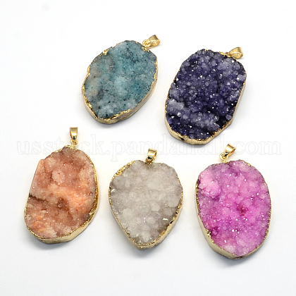 Plated  Natural  Druzy Agate Oval Pendants US-G-R275-10-1