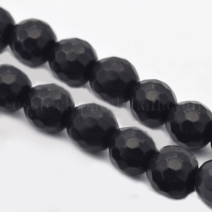 Faceted Round Natural Black Stone Beads Strands US-G-E302-066-6mm-1