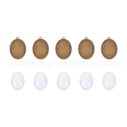 Oval Transparent Clear Glass Cabochons and Zinc Alloy Pendant Cabochon Settings US-DIY-PH0007-02AB-NR-1