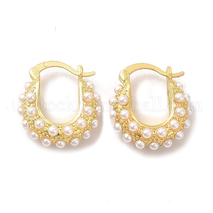 Rack Plating Brass Teardrop Hoop Earrings with Plastic Imitation Pearl Beaded for Women US-EJEW-G342-05G-1