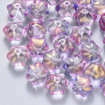 Two Tone Transparent Spray Painted Glass Beads, with Glitter Powder, Flower, Lilac, 10.5x9.5x8mm, Hole: 1mm