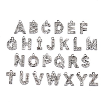 Alloy Rhinestone Letter Charms, Platinum Metal Color, Random Mixed Letters, 17x9.5~18x2mm, Hole: 1.5mm