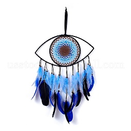 Handmade Evil Eye Woven Net/Web with Feather Wall Hanging Decoration US-HJEW-K035-07
