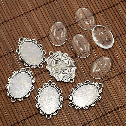 25x18mm Oval Dome Clear Glass Cover and Antique Silver Alloy Cabochon Connector Settings Sets US-DIY-X0082-AS-NF-1