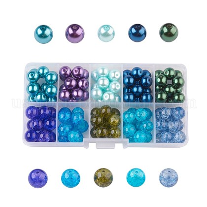 Ocean Mix Baking Painted Crackle Glass & Glass Pearl Bead Sets US-HY-X0009-10mm-08-1