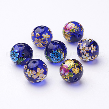 Flower Picture Transparent Glass Round Beads US-GFB-R004-14mm-M17-1