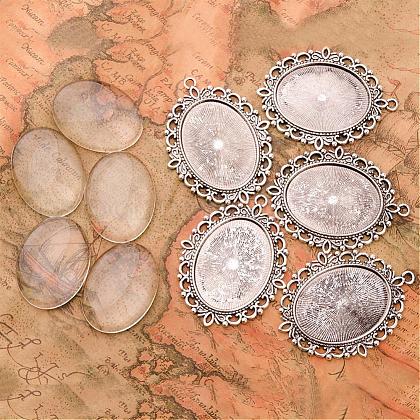 40x30mm Oval Clear Glass Cabochon Cover and Antique Silver Tibetan Style Pendant Cabochon Settings for DIY US-DIY-X0152-AS-RS-1