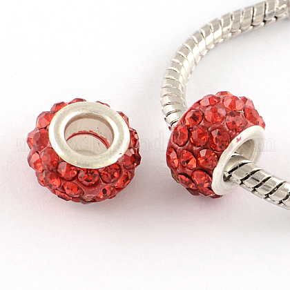 Polymer Clay Rhinestone European Large Hole Beads with Silver Color Plated Brass Cores US-FPDL-R002-06-1