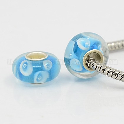 Sky Blue Inner Flower Handmade Lampwork Glass European Large Hole Beads for Biagi Bracelets US-X-LPDL-B001-137-1