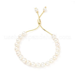 Natural Shell Pearl Beaded Slider Bracelet with Brass Snake Chain US-BJEW-B066-01B-02