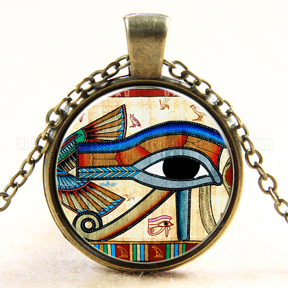 Egyptian Eye of Ra/Re Pattern Flat Round Glass Pendant Necklaces US-NJEW-N0051-046M-01-1