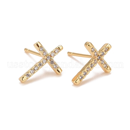 Clear Cubic Zirconia Cross Stud Earrings US-EJEW-G288-31G-1