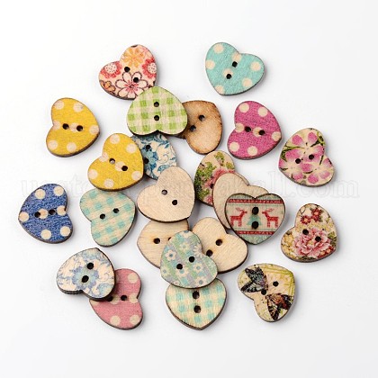 Heart 2-Hole Printed Wooden Buttons US-BUTT-M014-04-1