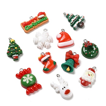 Opaque Resin Pendants, Christmas Charms with Platinum Plated Iron Loops, Santa Claus & Christmas Tree & Wreath, Mixed Shapes, Mixed Color, 15~28x14~30x5.5~8mm, Hole: 1.8~2mm, about 11pcs/bag