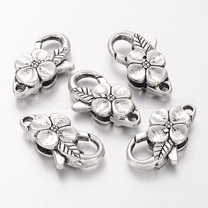 Antique Silver Flower Alloy Lobster Claw Clasps US-X-KK782-1