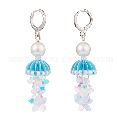 Shell Pearl & Glass Seed & Flower Beaded Dangle Hoop Earrings US-EJEW-TA00061-1