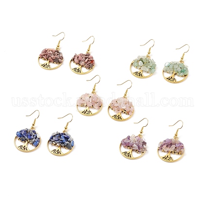 Natural Gemstone Chips Tree of Life Dangle Earrings US-EJEW-JE04934-1