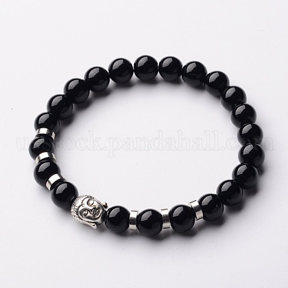 Buddha Head Gemstone Beaded Stretch Bracelets US-BJEW-JB01864-06-1