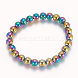 Electroplated Non-magnetic Synthetic Hematite Beaded Stretch Bracelet US-BJEW-P215-01-8mm