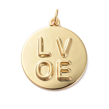 Valentine Theme Brass Pendants, Long-Lasting Plated, Flat Round and LOVE, Real 18K Gold Plated, 23x20x2.4mm, Hole: 3.1mm