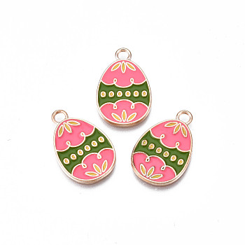 Alloy Enamel Pendants, Light Gold, Cadmium Free & Lead Free, Easter Egg Shape with Flower, Hot Pink, 22x14x1.5mm, Hole: 2mm