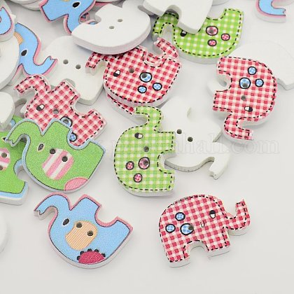 Mixed Color 2-Hole Dyed Printed Elephant Wooden Buttons US-X-BUTT-N001-04-1