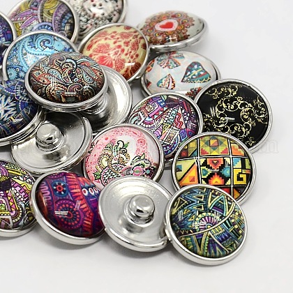 Platinum Plated Brass Glass Flat Round with Abstraction Painting Jewelry Snap Buttons US-SNAP-M023-A-M-1