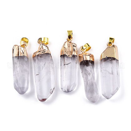 Natural Crystal Big Pointed Pendants with Golden Plated Iron Findings US-G-R275-162-1