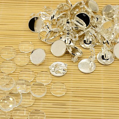 Brass Earring Setting Components and Flat Round Transparent Clear Glass Cabochons for DIY Jewelry Making US-KK-X0007-1