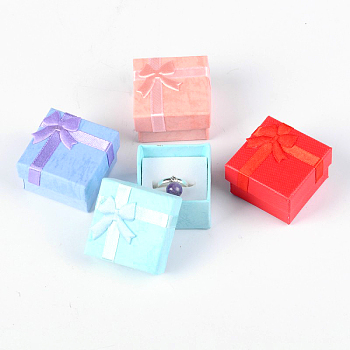 Valentines Day Presents Packages Cardboard Ring Boxes, with Satin Ribbons Bowknot outside, Square, Mixed Color, 41x41x26mm