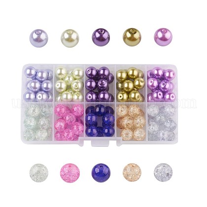 Lavender Garden Mixed Crackle Glass & Glass Pearl Bead Sets US-HY-X0009-10mm-01-1