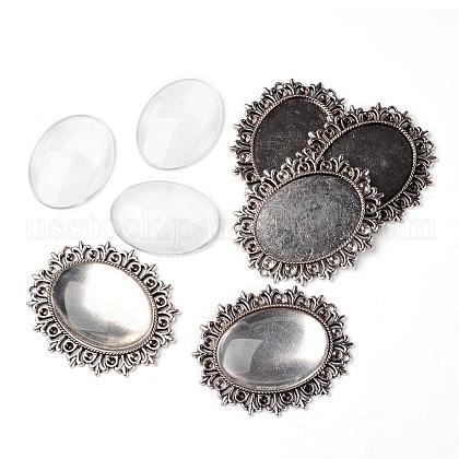 Alloy Cabochon & Rhinestone Settings and 40x30mm Oval Clear Glass Covers Sets US-DIY-X0115-AS-FF-1