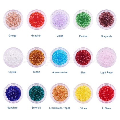 15 Color Mixed Faceted Bicone Grade AAA Transparent Glass Bead Sets US-GLAA-PH0001-01-1