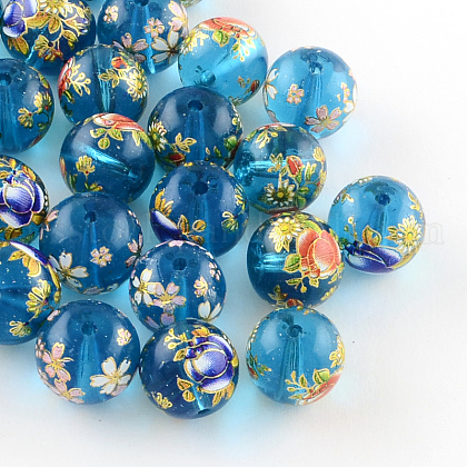 Mixed Flower Picture Printed Glass Round Beads US-GFB-R004-12mm-M13-1